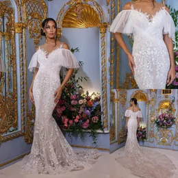 Gorgeous Mermaid Lace Wedding Dresses Pearls Short Sleeves Bridal Gowns Beaded Sheer Jewel Neckline Pleated Chapel Train Vestido De Novia