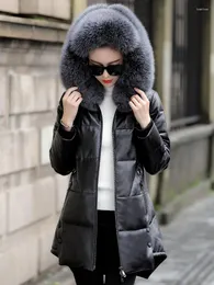 Women's Leather Jacket Genuine Sheepskin 90% White Duck Down Jackets Fur Collar Hooded Coat Feamle Chaque2023