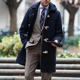 Мужское шерстяное мужское пальто, трендовое деловое интервью, осенне-зимнее шерстяное пальто средней длины с лацканами и длинными рукавами, сплошной цвет, пуговица с рогом