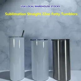 USA STOCKS Sublimazione Bicchieri grassi dritti da 22 once Acciaio inossidabile a doppia parete Isolati sottovuoto Bottiglia d'acqua magra bianca329W