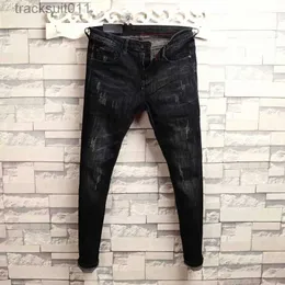 Calças de brim masculinas verão novo elástico fino ajuste coreano espírito cara leggings magro preto denim jeans casual homens designer calças rasgadas l230926