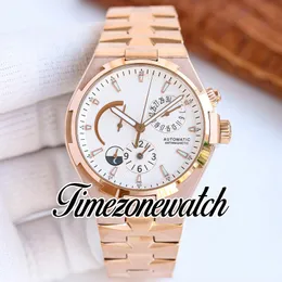 TWA Overseas Dual Time 47450/B01R-9404 A1222 Automatisk herrklocka Rose Gold Power Reserve White Dial Stick rostfritt stål Armband Super Edition Nya klockor