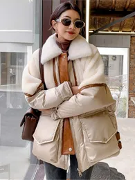 Mulheres Down Parkas Down Jacket Mulheres Patchwork Dupla Face Fur Mink Fur Artificial Collar Mid-Length Parka Pato Branco Down Casacos Casuais 230926