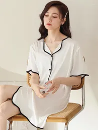 Women's Sleepwear Nightdress Short-Sleeves Satin Bedgown Sweet White Nightgown Loose Summer Sexy Ice-silk Vintage Robe Home Clothes