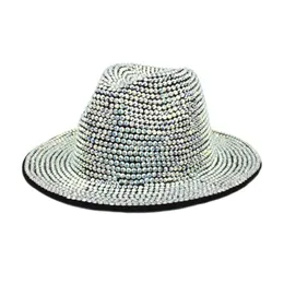 Rhinestone Fedora Hats For Women Men Flat wide Brim Wool Felt Jazz Hats Handmade Bling Studded Party Hat2156