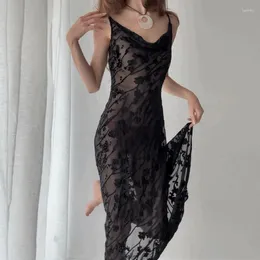 Casual Dresses Women Sexy V-neck See Through Backless Long Vintage Floral Mesh Sheer Maxi Dress Chic Evening Party Club Beach Vestido