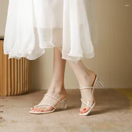 Dress Shoes 2023 Spring And Summer Square High Heels Transparent Thick With A Line Open Toe Wear Sandals Design