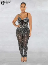 Kadın Tulumları Yükselen Gbyxty Lüks Elmas Sıska Tulumlar Kadın Gece Kulübü Partisi Sefer Mesh Crystal Bodycon Tulum Tulumları ZL1582 L230926