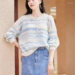 Women's Sweaters Hsa Sweet Sequins Design Contrast Color High-quality O-neck Pullover Sweater Knitted Korean Fall Winter 2023 Female Tops
