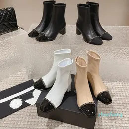 2023-New Styles Autumn and Winter Brand Designer Women's Genuine Leather Ankle Boots Chains Thick Heels Short Boots Apricot Top High Quality Shoes Woman size 35-41