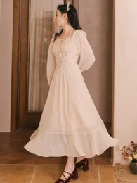 Vestidos casuais vintage pradaria francesa chique cottage vestido lindo princesa real alargamento manga cintura fina mulheres bandagem fada longo vestido