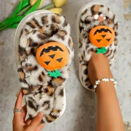 Talltor 2023 Halloween Pumpkin For Women Men Lovers Autumn Winter Warm Plush Open Toe Home Inomhus Flat Shoes Plus Size