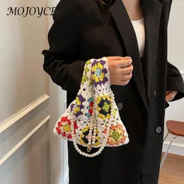 Evening Bags Ladies Flower Crochet Shoulder Bag Ethnic Style Lattice Knitted Bohemian Hollow Out Pearl Strap Woven Summer Beach