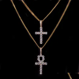 Andra smyckesuppsättningar Iced Zircon Ankh Cross Necklace Set Gold Sier Copper Material Bling CZ Key to Life Egypt Pendants Halsband Drop de Dhqam