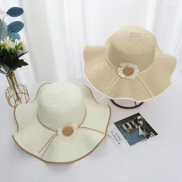 Hüte mit breiter Krempe Ohmmayby Frühling und Sommer 2023 Grasweberei Satin Sonnenblume Hut Outdoor Strandschutz Elegante Kuppel