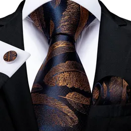 8cm Fashion Gold Feather Print Men's Silk Ties Handkerchief Cufflinks Set Business Party Necktie Gravatas Gift For Men DiBanG243W