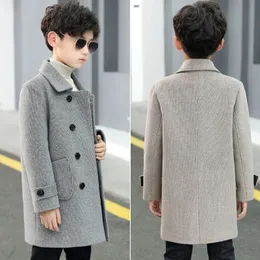 Coat Boys Woolen Blends Coats for Autumn Winter 2023 Fashion Solid Cotton Warm Turn Collar Long Outerwear Children's Clothes P19 230926