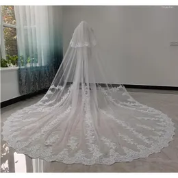 Veli da sposa Velo da sposa in pizzo con pettine Doppi strati Tulle bianco avorio per spose 2T Appliques Cattedrale Lungo 5 metri Elegante