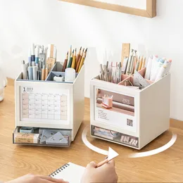 Pencilfodral Creative 360 ​​° Rotary Pen Holder With Desk Calender Desktop Stationery Organizer Large Capacity Storage Box School Office 230926