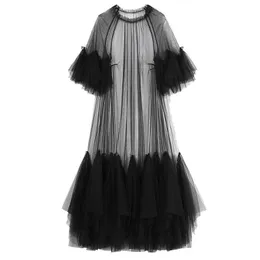 Vestidos casuais feminino preto babados longo tamanho grande vestido novo em torno do pescoço manga de três quartos solto ajuste moda primavera verão 2023