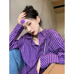 Blusas femininas xej roxo listrado camisa moda feminina 2023 casual juventude manga longa túnicas roupas femininas primavera verão topos