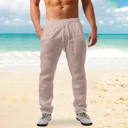 Men's Pants Mens Linen Solid Color Elastic Waist Drawstring Trousers Loose Wide Leg Straight Leisure Beach Pantalones