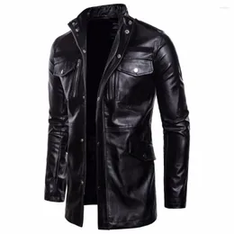 Jaqueta de couro PU longa de pele masculina para motocicleta corta-vento preta com gola alta à prova de vento e quente