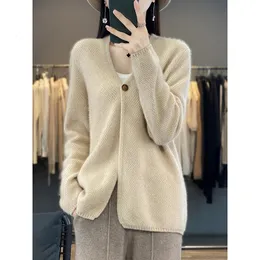 Women's Knits Tees One Button 100 Pure Cashmere Cardigan VNeck Knitted Woolen Sweater Coat Autumn and Winter Loose Outerwear 230925