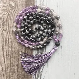 Collier de perles mala nouées, 108, flocon de neige, quartz nuageux, bijoux chakra, pompon fait à la main, boho pour femmes, 247O