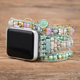 Watch Bands Mint Green Stone Crystal Strap Beads Boho 3X Wrap Rope Wrist Band Bracelet For Apple 7 6 5 4SE 38 40 41 44 45mm