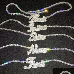 Anhänger Halsketten Benutzerdefinierte Name Cursive Letters Halskette mit Tenniskette für Frauen Micro Pave Solid Back Hip Hop Rock Schmuck Drop Del Dhped