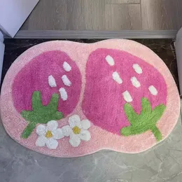 Carpets Cute Strawberry Flocking Bath Mat Pink Sweet Girls Home Decor Carpet Bedroom Bedside Rug Non-slip Hallway Entrance Door Mats 230926