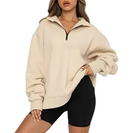 Women's Hoodies Sweatshirts Women's Autumn Oversized Quarter 14 Zip Sweatshirts Lapel Collar Long sleeve Drop Shoulder Solid Pullover Jumper Top 230926