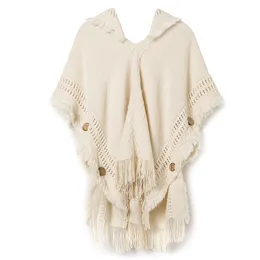 Scarves Women Knitted Cape Shawl Wrap Cloak Ethnic Hooded Poncho Hoody Jumper Sweater Tassels Drop 230922