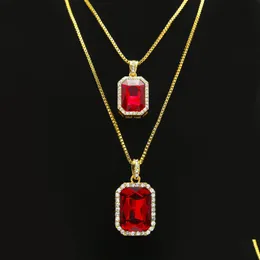 Andra smyckesuppsättningar 2st Ruby Necklace Set Sier Gold Plated Iced Out Square Red Pendant Hip Hop Box Chain Drop Delivery DHR5O