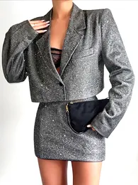 Tvådelt klänning Fantoye Glitter kjol uppsättningar kvinnor blazer kostymer dubbla lager eleganta två stycken uppsättningar kvinnor outfit glänsande kvinnliga streetwear kläder 230926