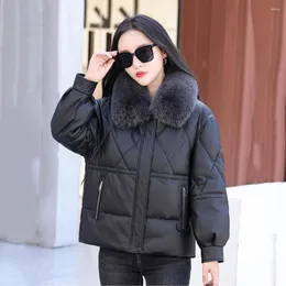 Women's Leather Women Down Jacket Winter Casual Warm Fur Collar Drawstring Hem Sheep Bread Coat Loose Thick Coats