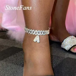 Stonefans A-Z Initial Letter Anklet Cuban Chain Jewelry for Women Miami Iced Out Baguette Zircon Ankle Bracelet 211018236s
