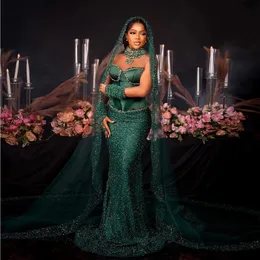 African Green z koralikami sukienki na bal matarnie z welonem luksusowe kryształy czyste długie rękaw Aso ebi styl formalne specjalne suknie