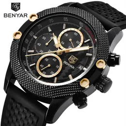 Benyar Mens Watches Top Luxury Sport Chronograph Fashion Men Waterproof Luxury Brand Gold Quartz Watch Saat Reloj hombre311e