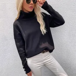 Women's Sweaters Fashion Turtleneck Slim OL Sweater Tops Elegant Long Sleeve Buttons Design Jumpers Pullovers Casual Basic Autumn Winter