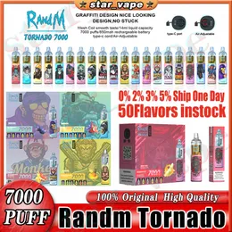 Original Randm Tornado 7000 Puff Disposable Vape Pen 7K Elektroniska cigaretter 14 ml POD Mesh Coil 6 Glödande färger Uppladdningsbar luftjusterbar 0% 2% 3% 5% Bar Instock