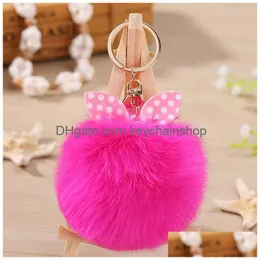 Schlüsselanhänger Niedlicher Pompom-Auto-Schlüsselanhänger für Frauen-Männer-Bowknot-Pelz-Kugel-Ring-Halter-Plüsch-Anhänger-Ketten-Charme-Beutel-Dekor-Zubehör Drop De Dh6Ss