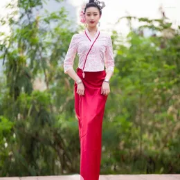 Etniska kläder vår sommar kvinnors thailand traditionella toppar blus lång kjol dagligen slitage sydost asiatisk nationell thailändsk dräkt