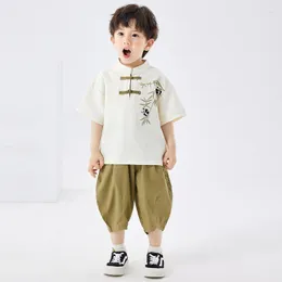Ethnic Clothing Improved Fashion Children Tang Suit Boys Chinese Style Panda Printed Short Sleeve Tops Wide Leg Pants Shopping Online