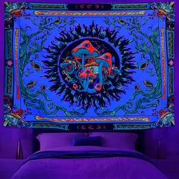 Tapestries 1pc Mushroom Mandala Rattan escent Tapestry UV Black Light Decorative Pattern Wall Hanging For Living Room Bedroom 230926