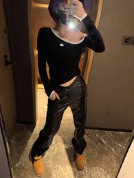 Kadın Pantolon Pu Deri Düşük Bel Siyah Pantolon Kadın İnce Yatık Yüksek Sokak Kalça Pop Stili Uzun Pantolon Trendi