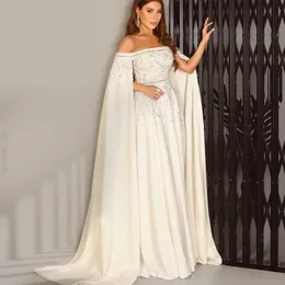 Elegantes weißes Meerjungfrau-Abendkleid aus Dubai für Damen, Party, Cape-Ärmel, muslimische Perlen, Pailletten, lange formelle Kleider