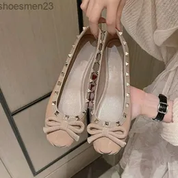 Valention Soft Shoe Satin Warren Single Flat Ballerina Schuhe Mädchen Sole Rivet Ballet Damen Flach French Bow Round Head Bottom KY3Q