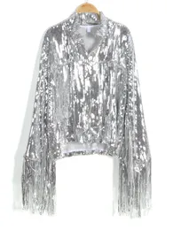 Kadın Ceketleri Tassel Sequin Ceket Sonbahar Kış Sterewear Rock Bf Retro Uzun kollu Gümüş Yansıtıcı Katlı Kadınlar Çıkış Tops 230926